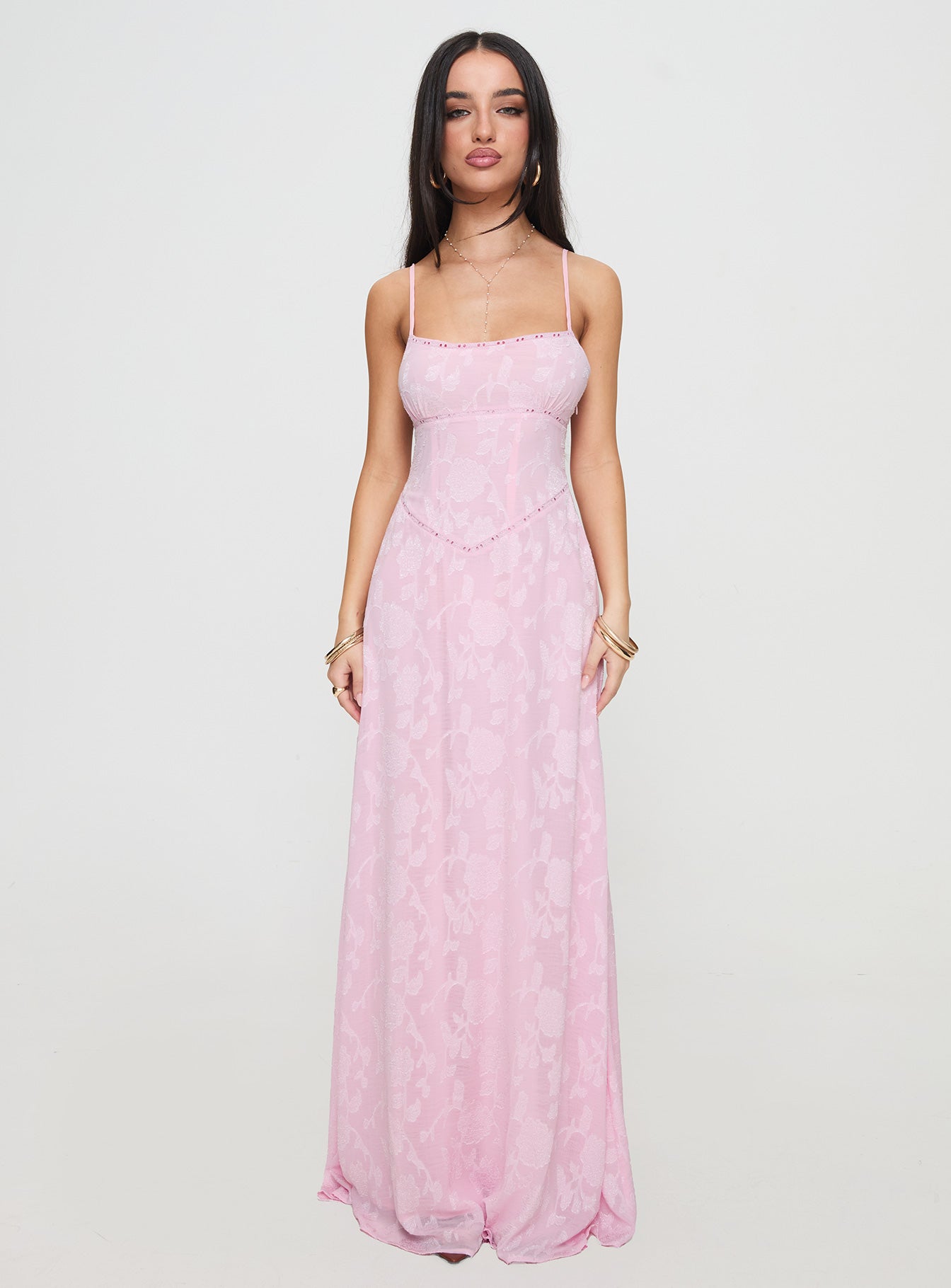 Pembe Çiçekli Dantel Maxi Elbise