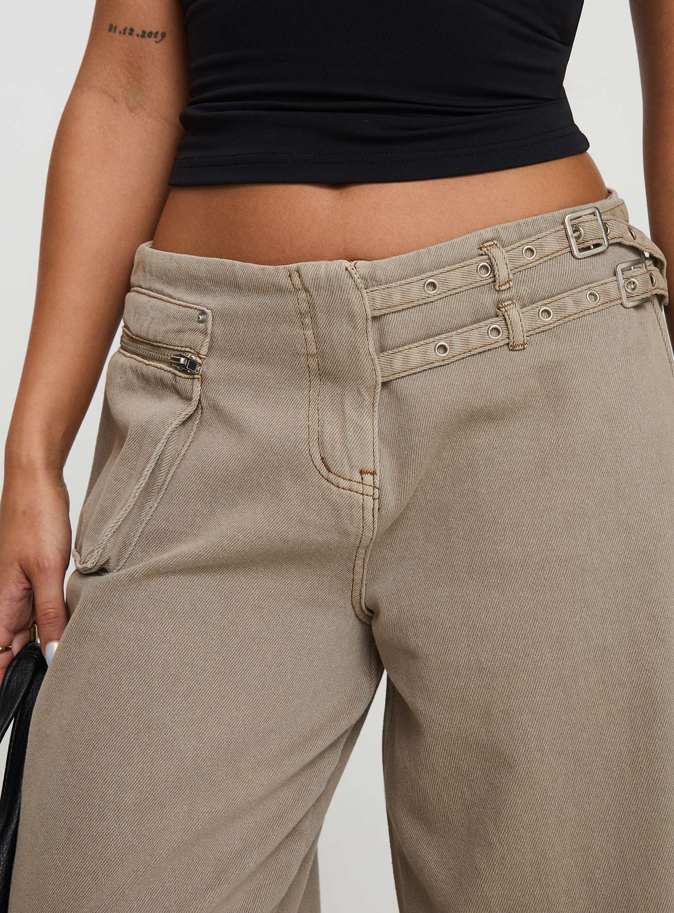 Paltrow Orta Bel Kahverengi Geniş Paça Kargo Jean - Küçük