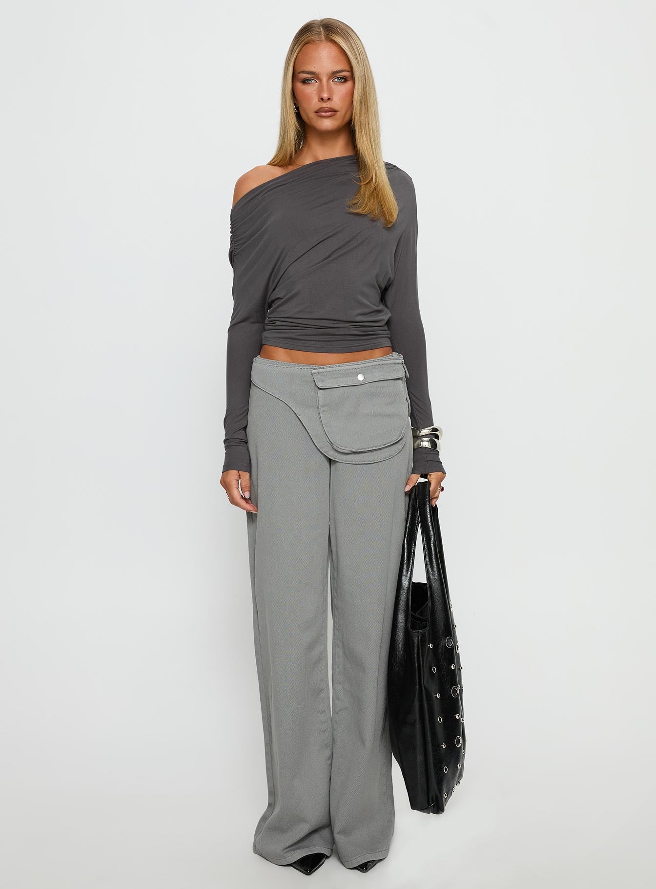 Off Shoulder Antrasit Parti Bluzu