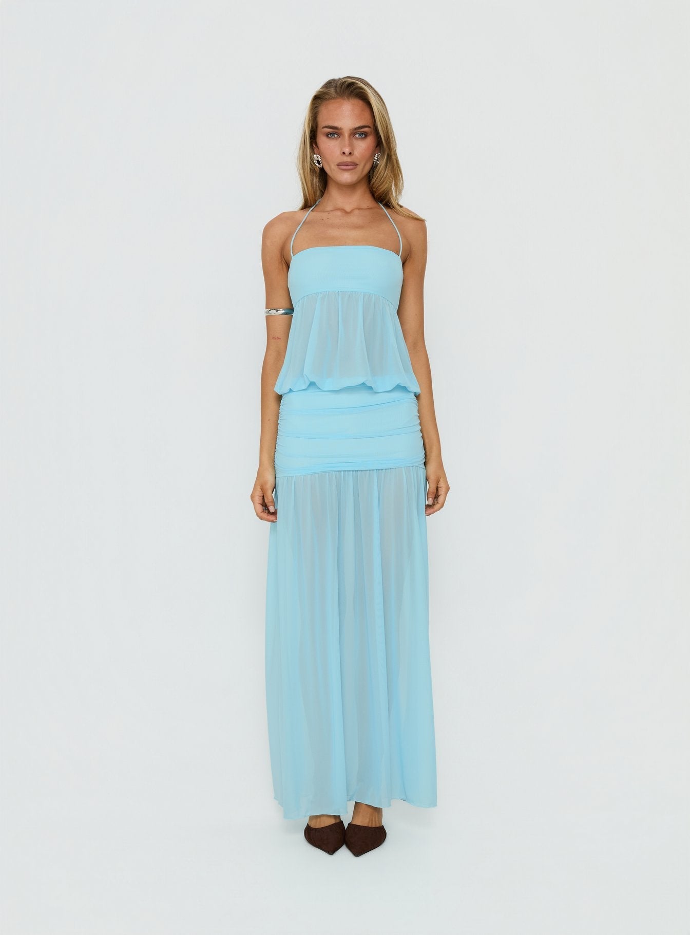Jesemia Mavi Halter Yaka Maxi Elbise