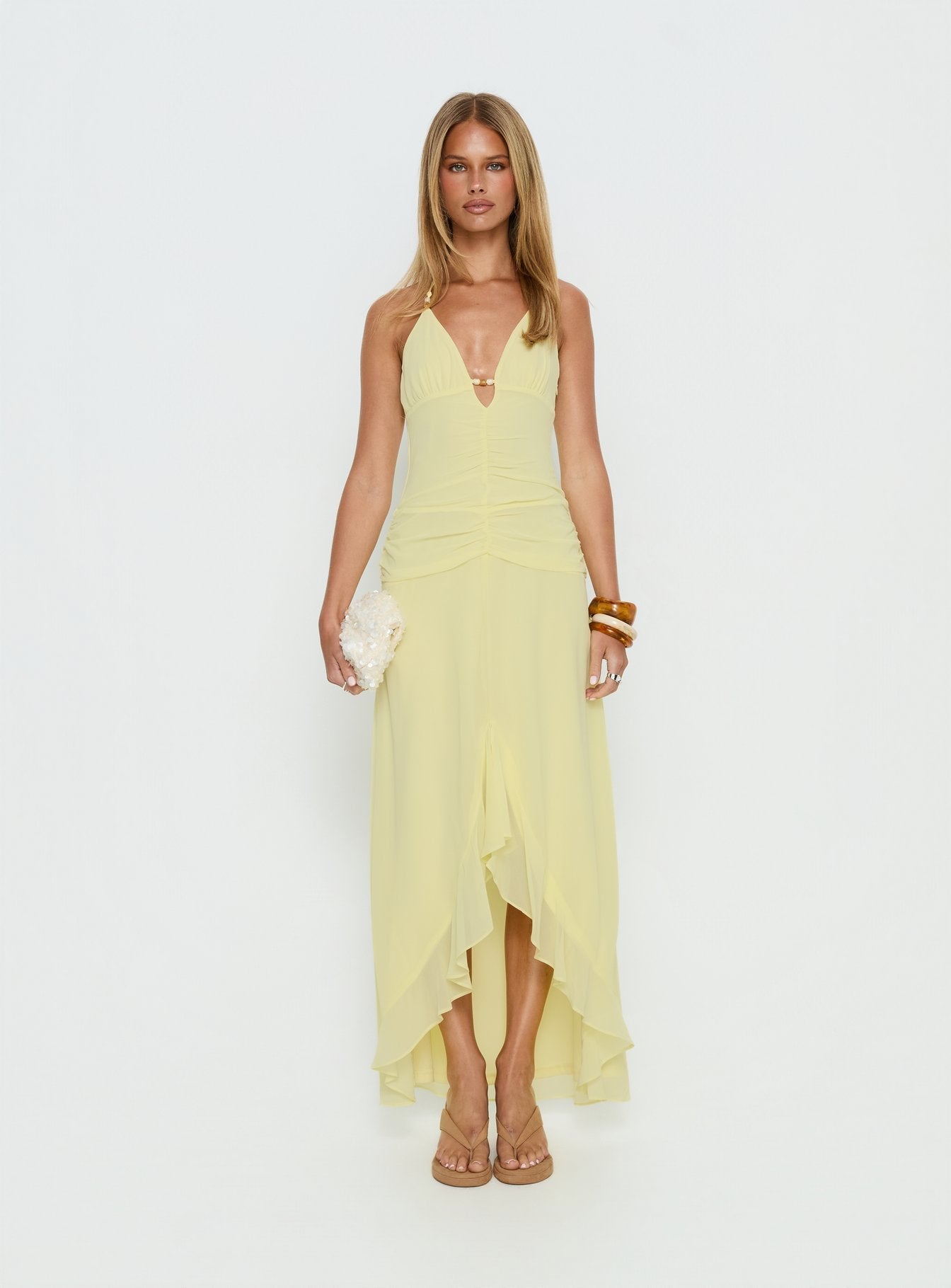 Roxine Sarı Asimetrik Halter Maxi Elbise