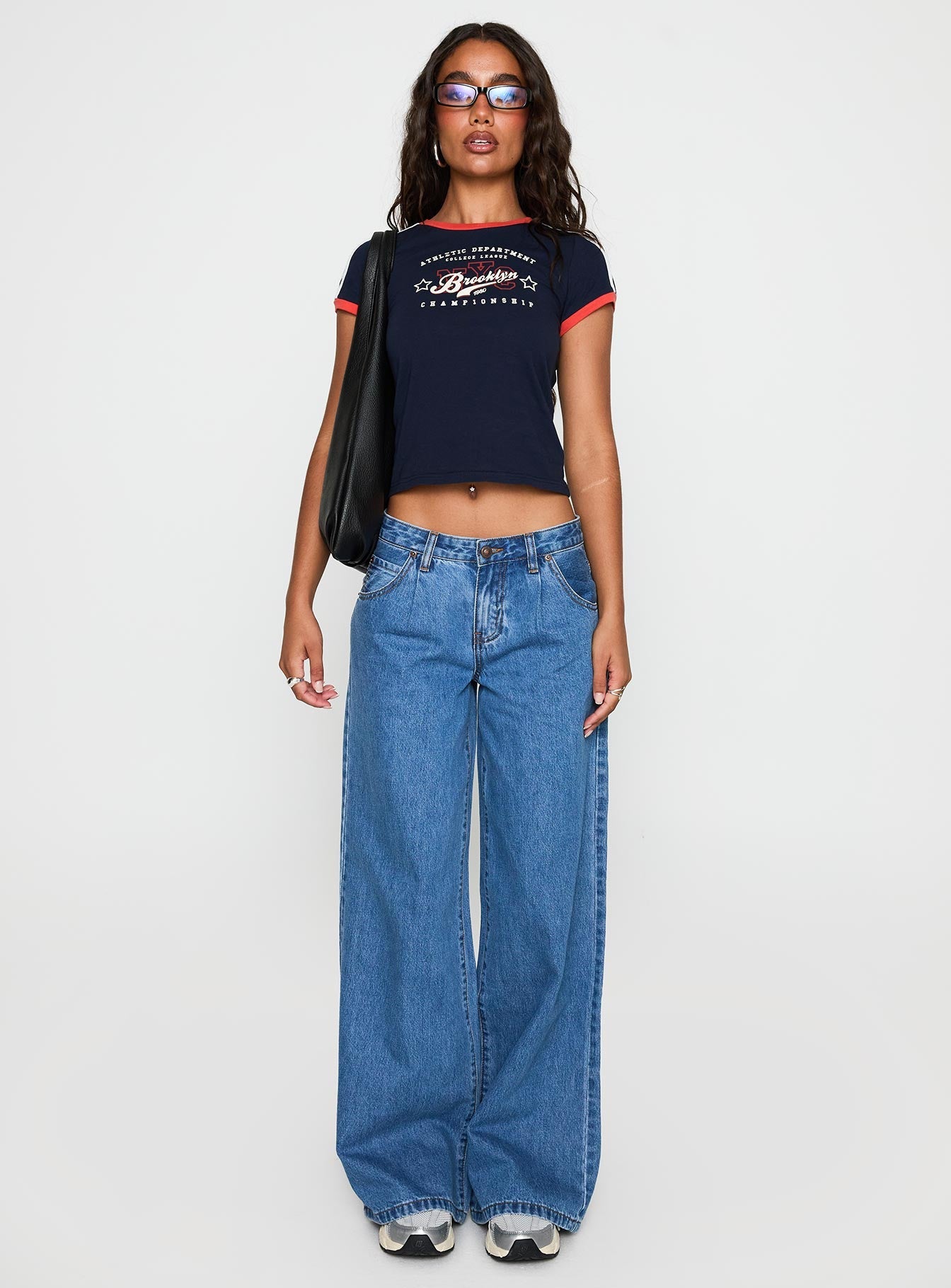 Orta Mavi Düşük Bel Bol Plise Jean