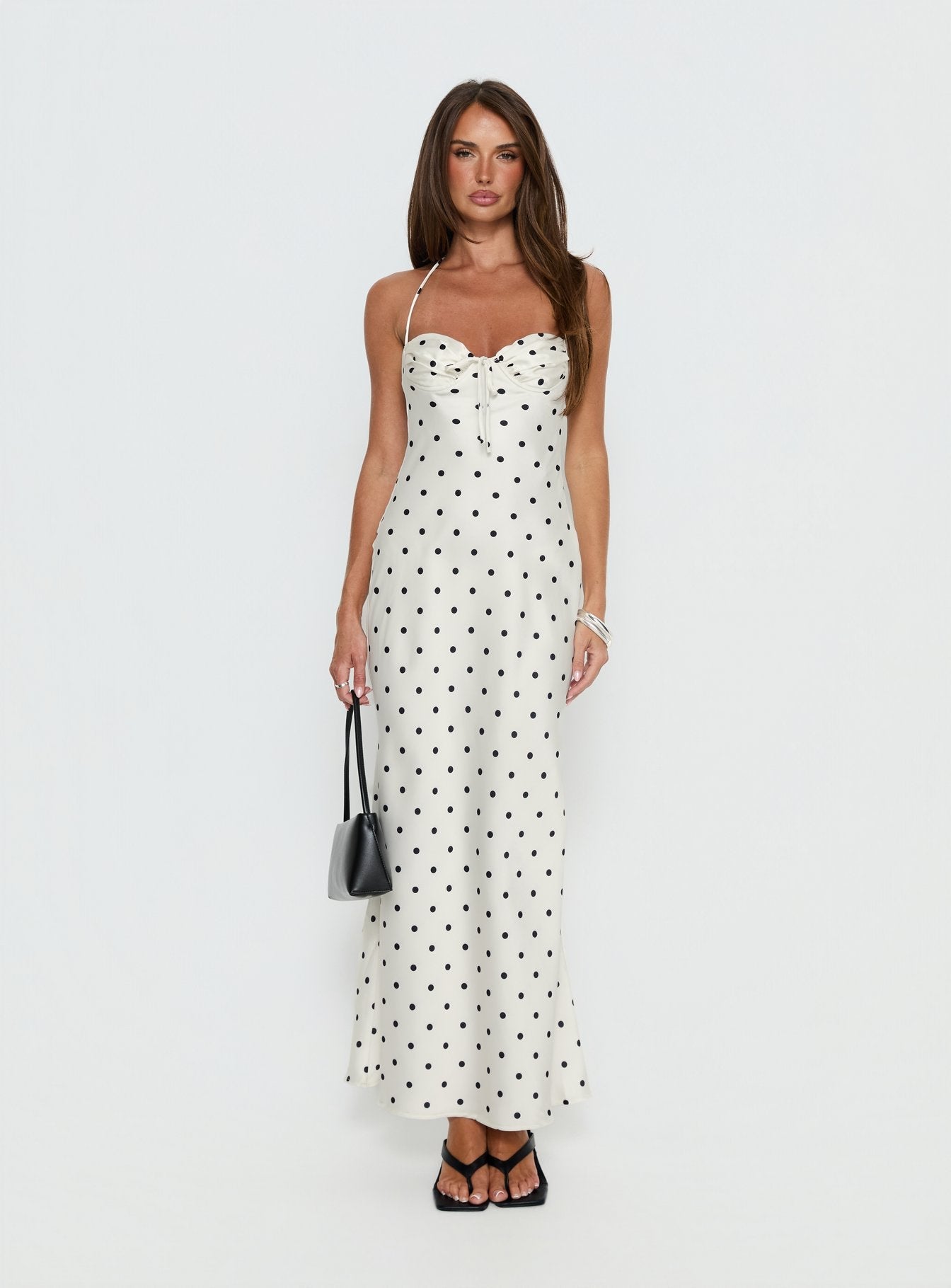 Costella Krem Puantiye Halter Yaka Saten Maxi Elbise