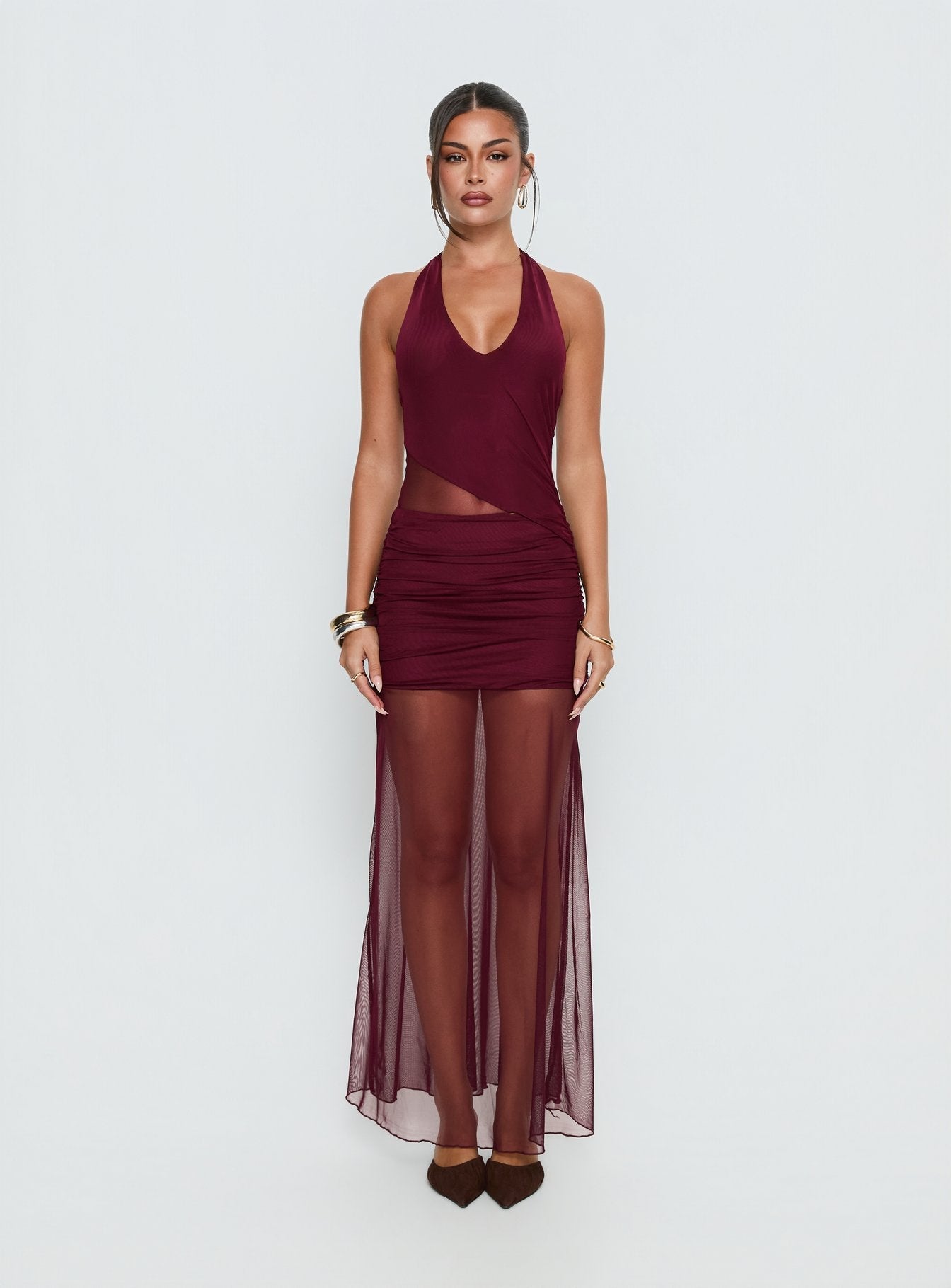 Bordo Şeffaf Maxi Elbise - Desta Halter Modası