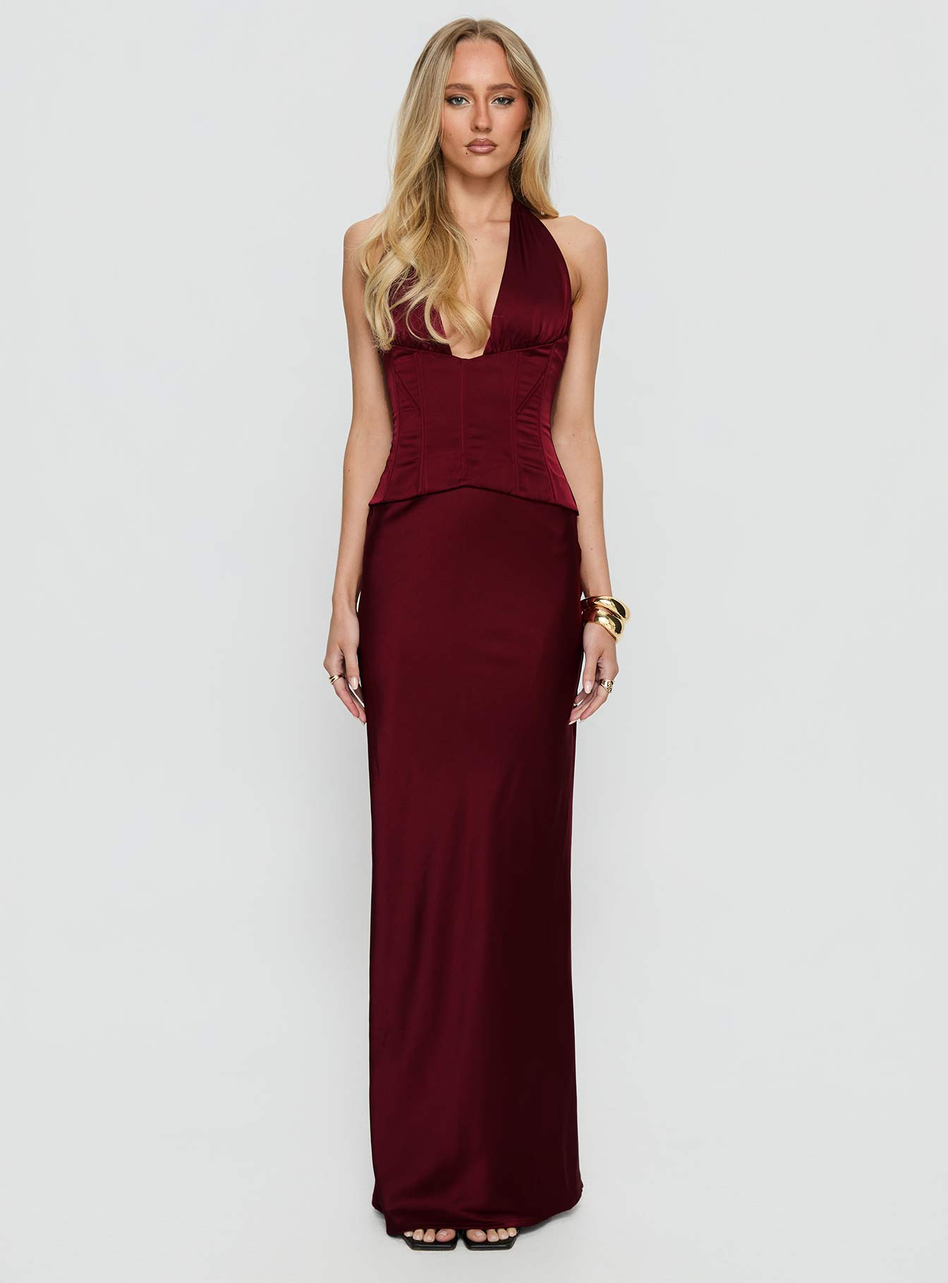 Kırmızı Trans Halter Korse Maxi Elbise