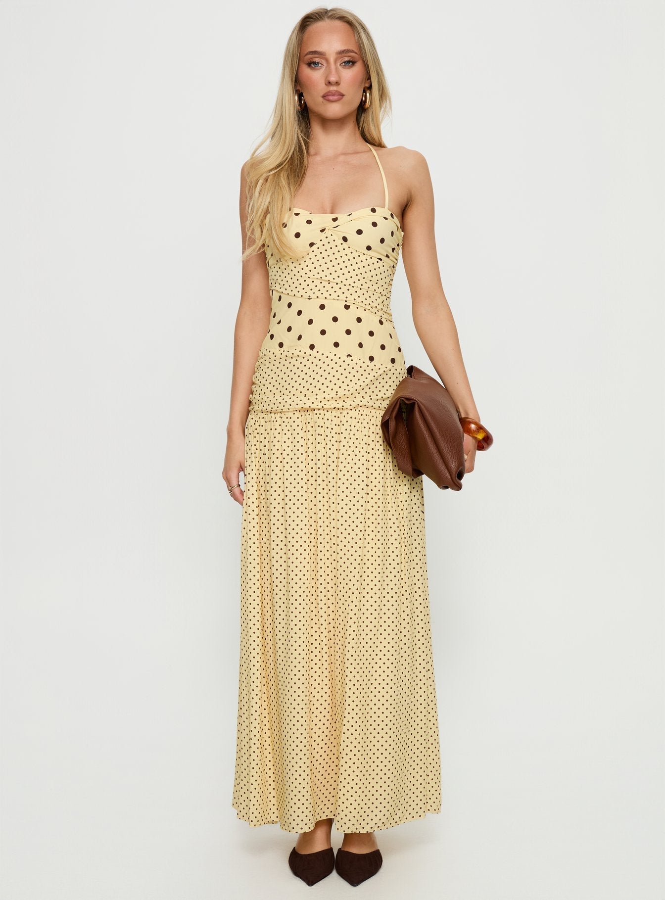 Marguerite Halter Maxi Elbise - Limon Kahverengi Puantiye