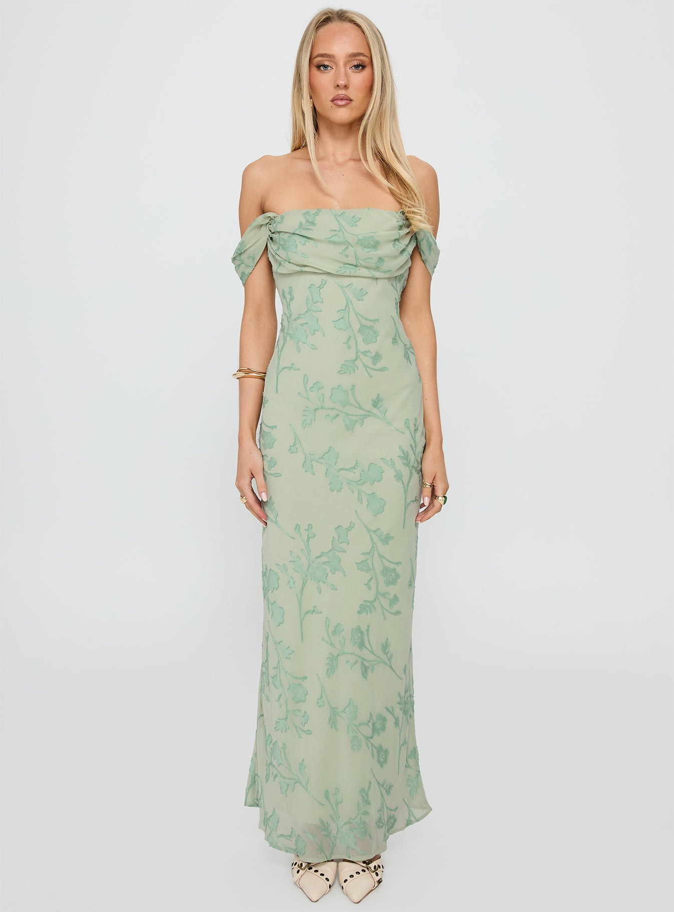 Azura Yeşil Yanık Off-Shoulder Maxi Elbise