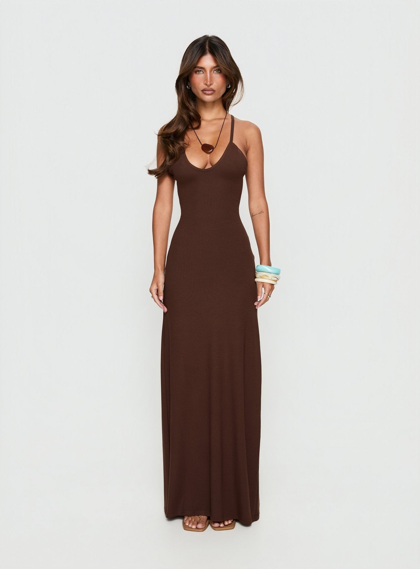Çikolata Pasita Halter Maxi Elbise