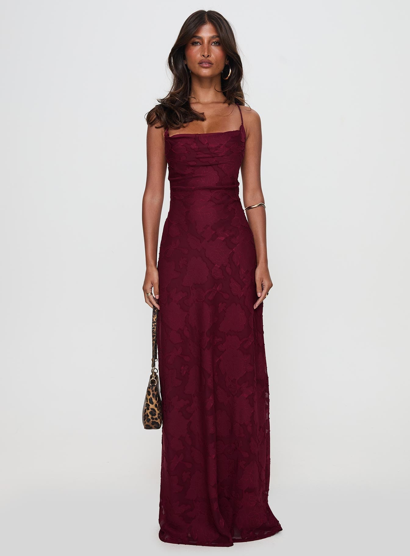 Burgonya Celena Uzun Elbise