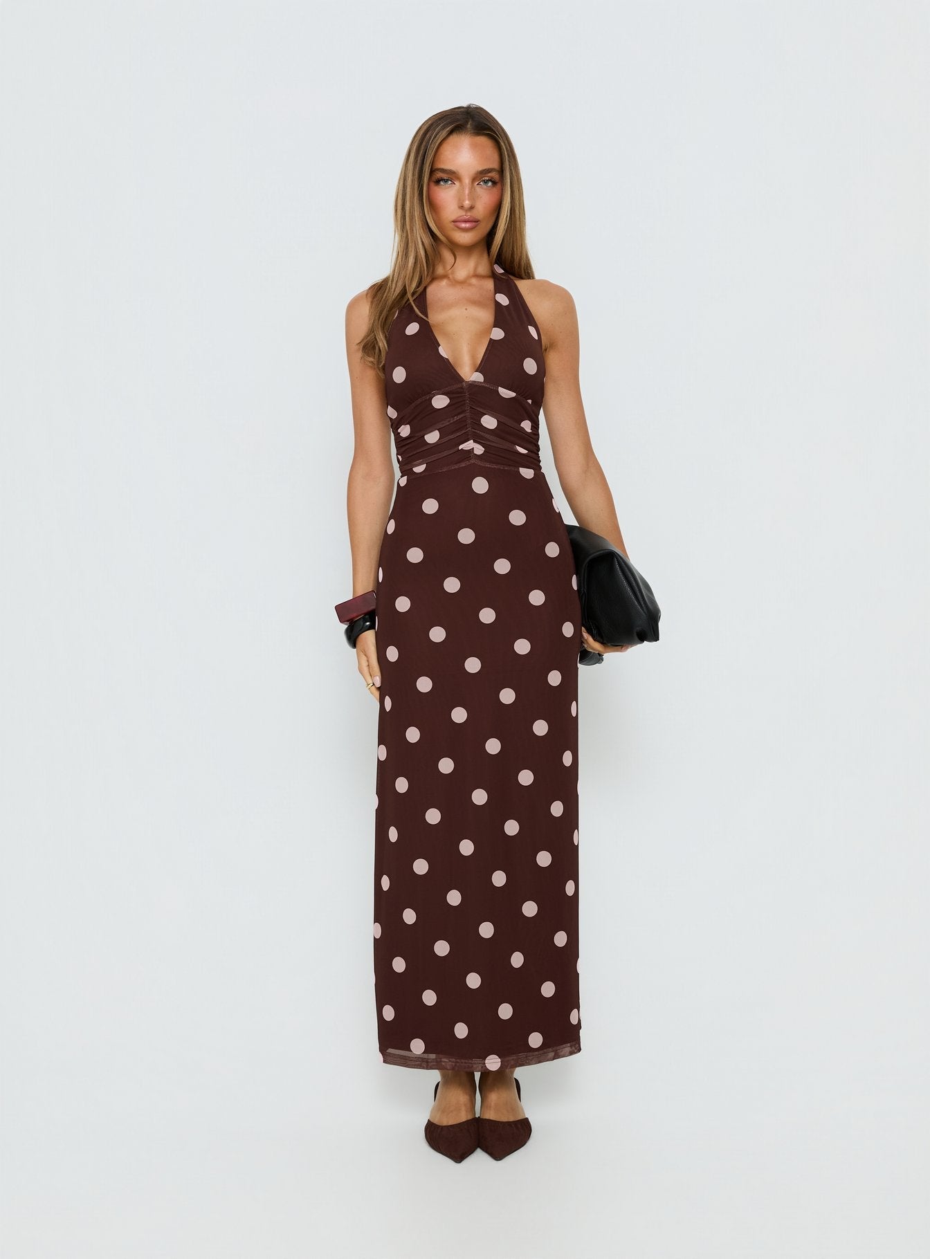 Saviana Halter Maxi Elbise - Çikolata/Pembe Puantiye