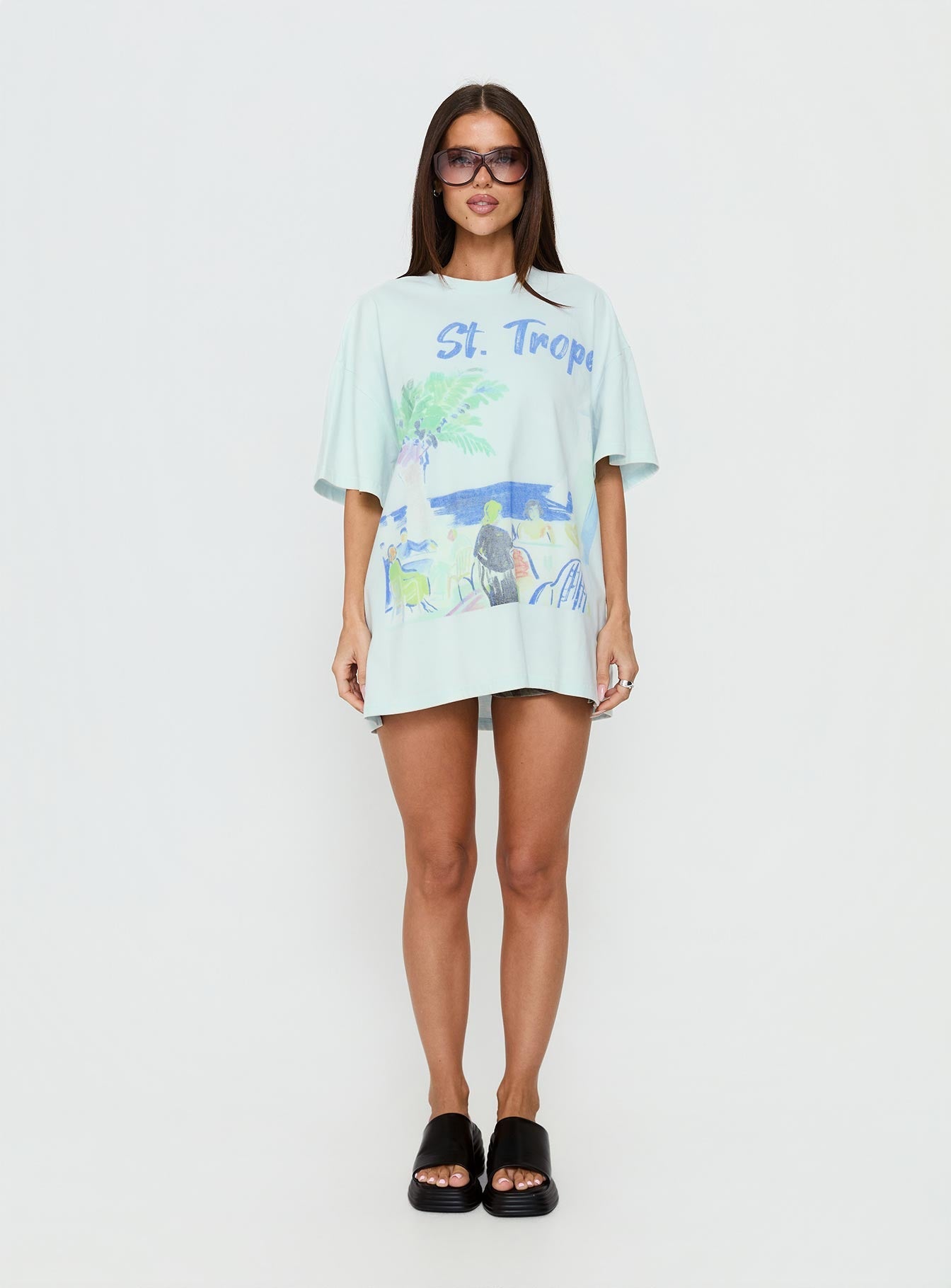 St Tropez Postcards Oversize Grafik Tişört - Yıkanmış Mavi