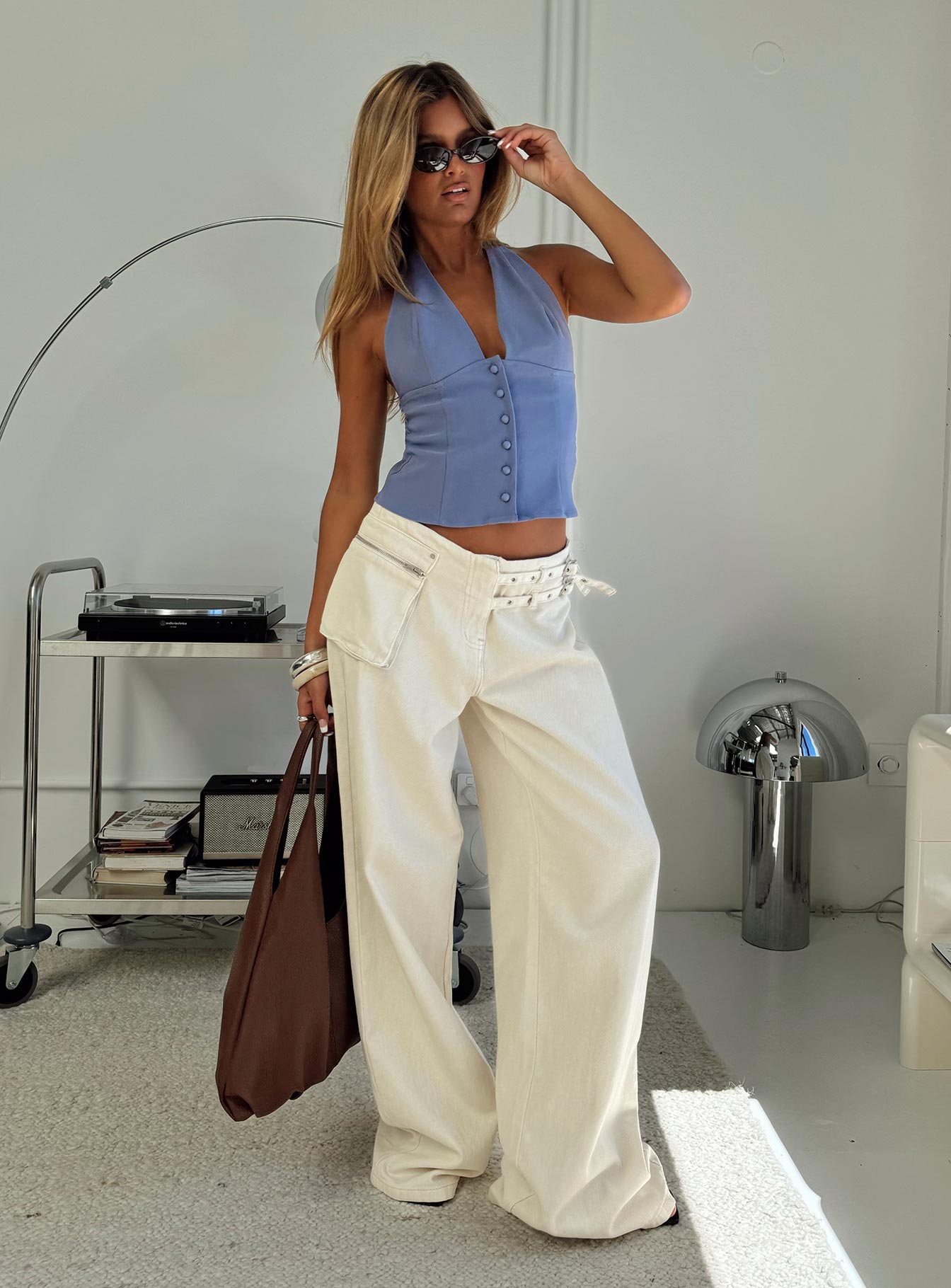 Paltrow Orta Bel Geniş Paça Kargo Jean - Krem