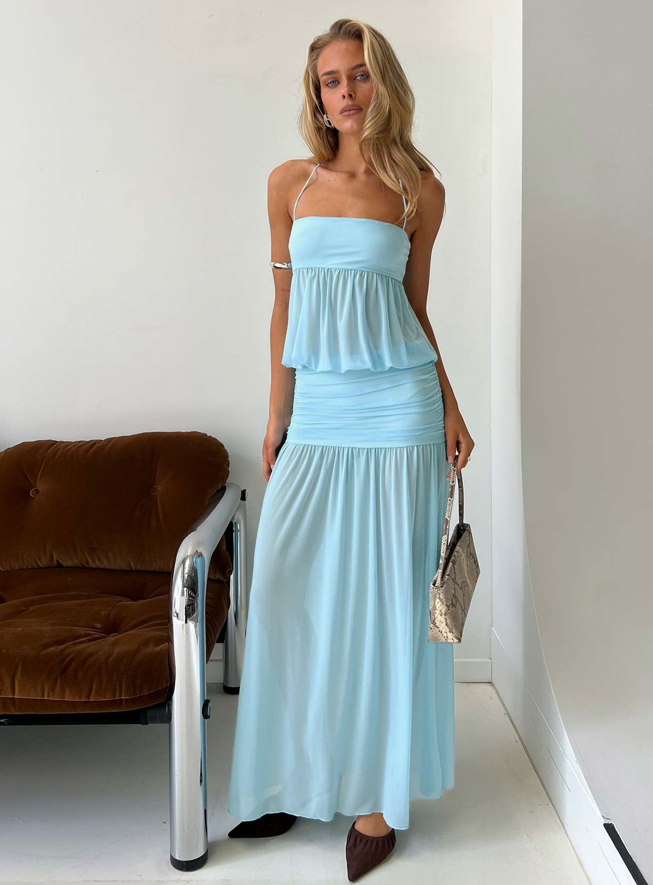 Jesemia Mavi Halter Yaka Maxi Elbise