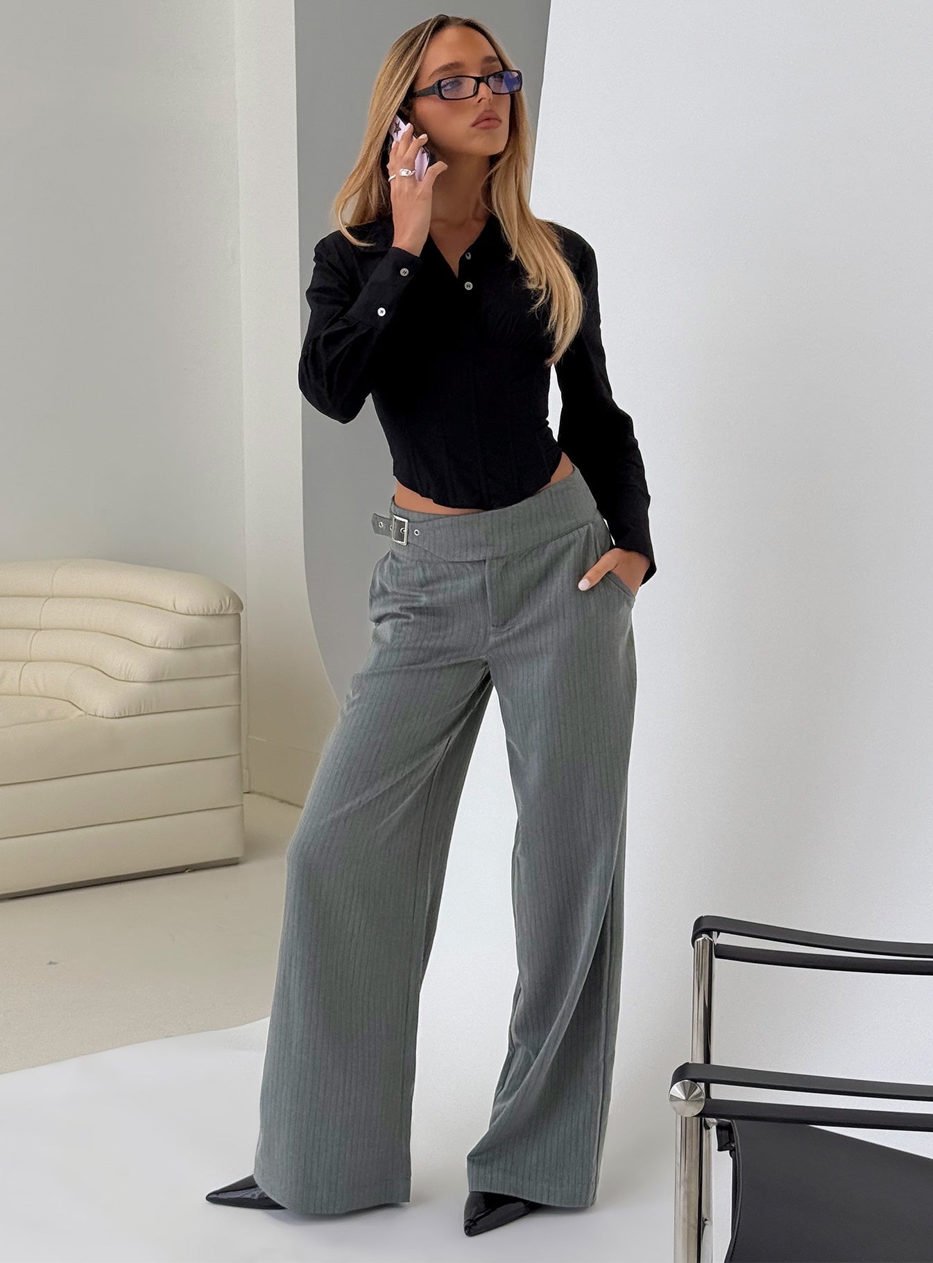 Jinny Klasik Gri Çizgili Rahat Pantolon