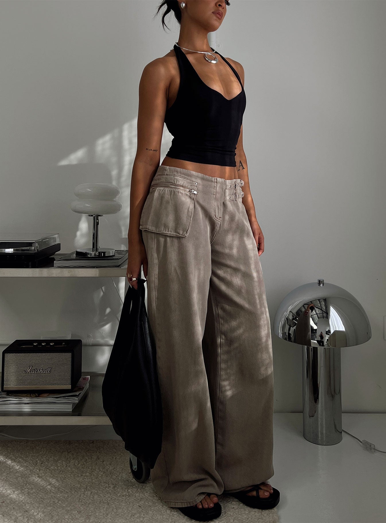 Paltrow Orta Bel Yıkanmış Kahverengi Geniş Paça Kargo Jean