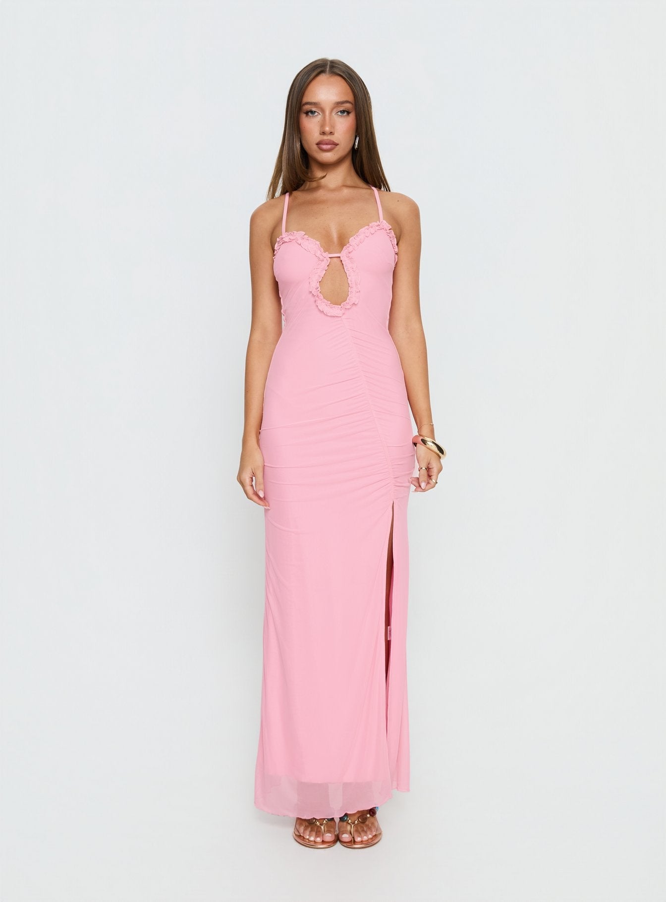 Soulina Pembe Fırfırlı Maxi Elbise