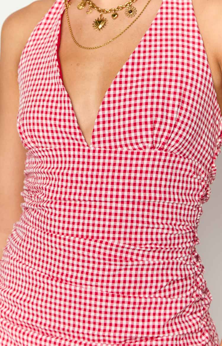 Alan Kırmızı Gingham Askılı Mini Elbise - Şık ve Rahat