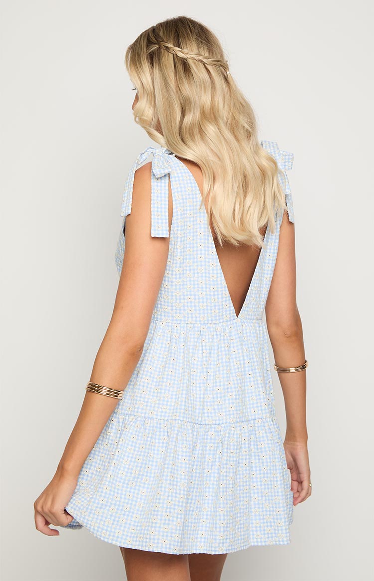 Mavi Gingham Desenli Çiçekli Mini Elbise - Melek Kız