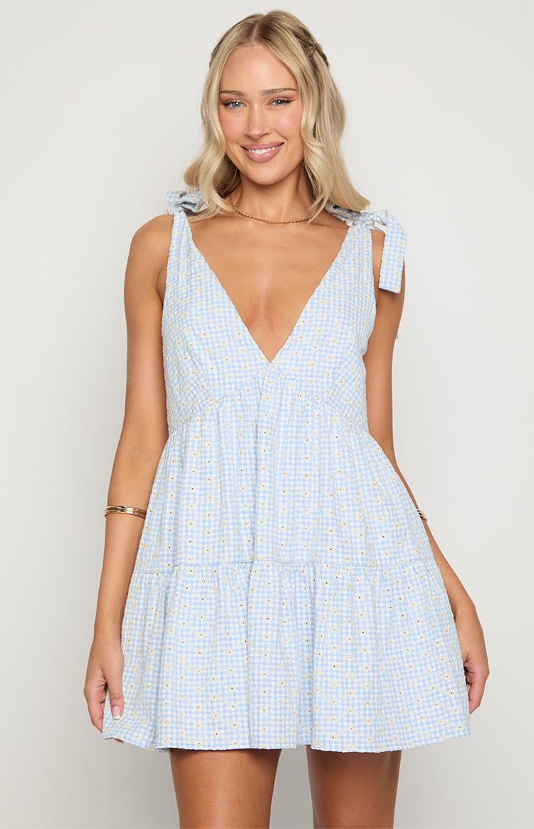 Mavi Gingham Desenli Çiçekli Mini Elbise - Melek Kız