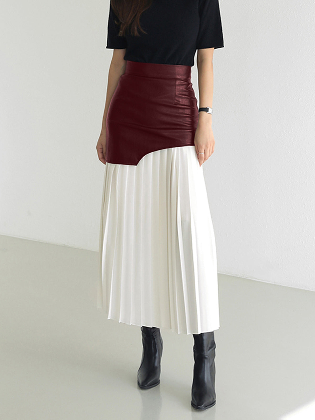 Patchwork Detaylı Asimetrik Pileli Maxi Etek