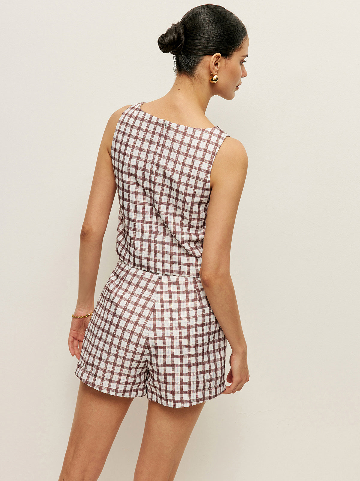 Dama Desenli Kolsuz Crop Top ve Şort Takımı