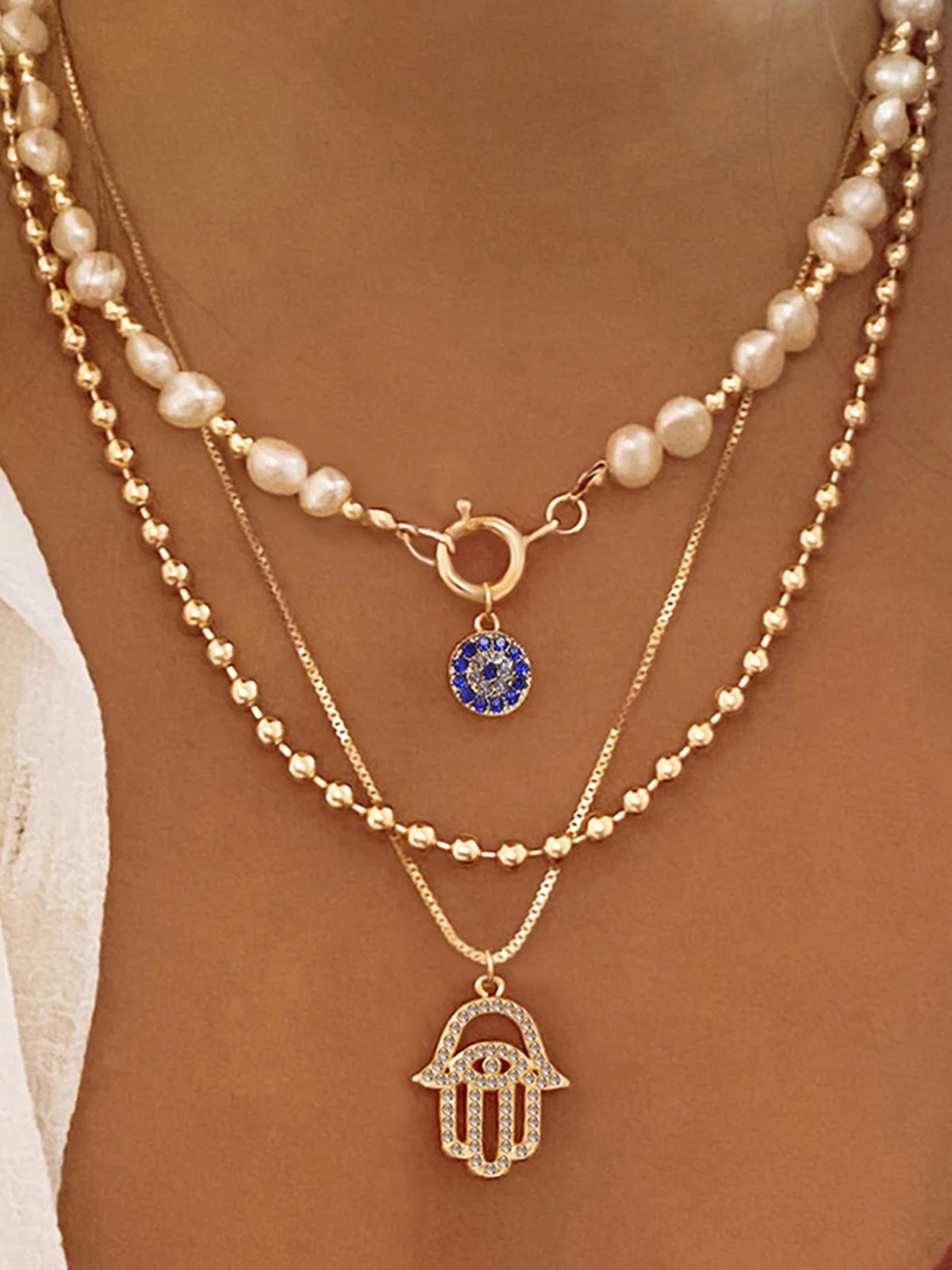 İnci ve Hamsa El Desenli Kolye Seti