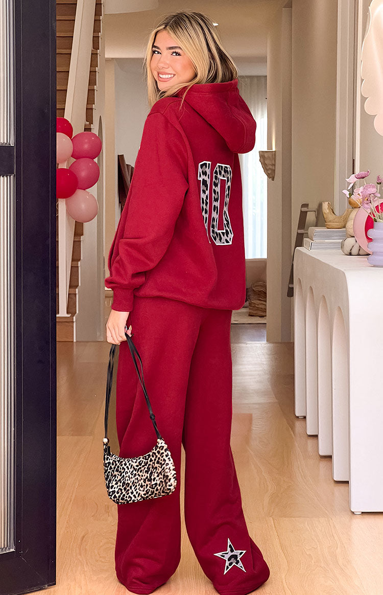 Burgonya Leopar Yıldız Kapüşonlu Sweatshirt