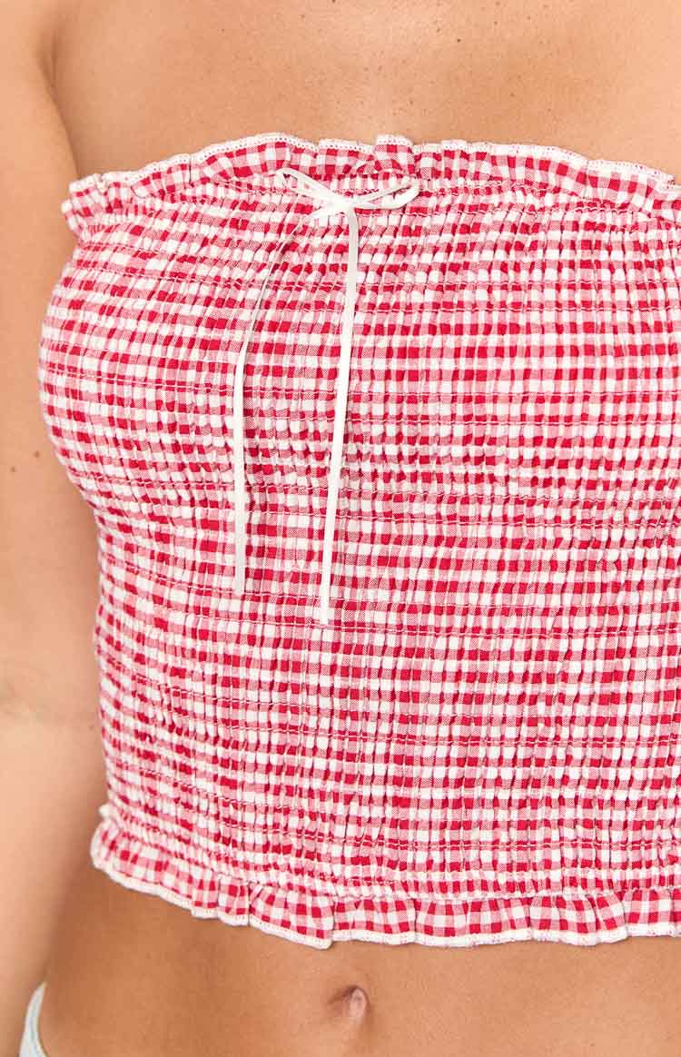 Boston Kırmızı Gingham Askısız Şık Bluz