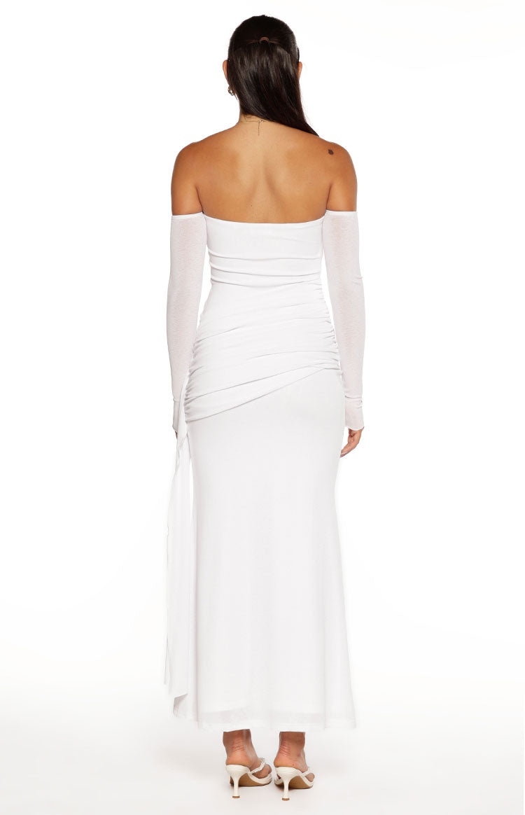Breanna Beyaz Drapeli Uzun Kollu Maxi Elbise - Şıklığın Adı