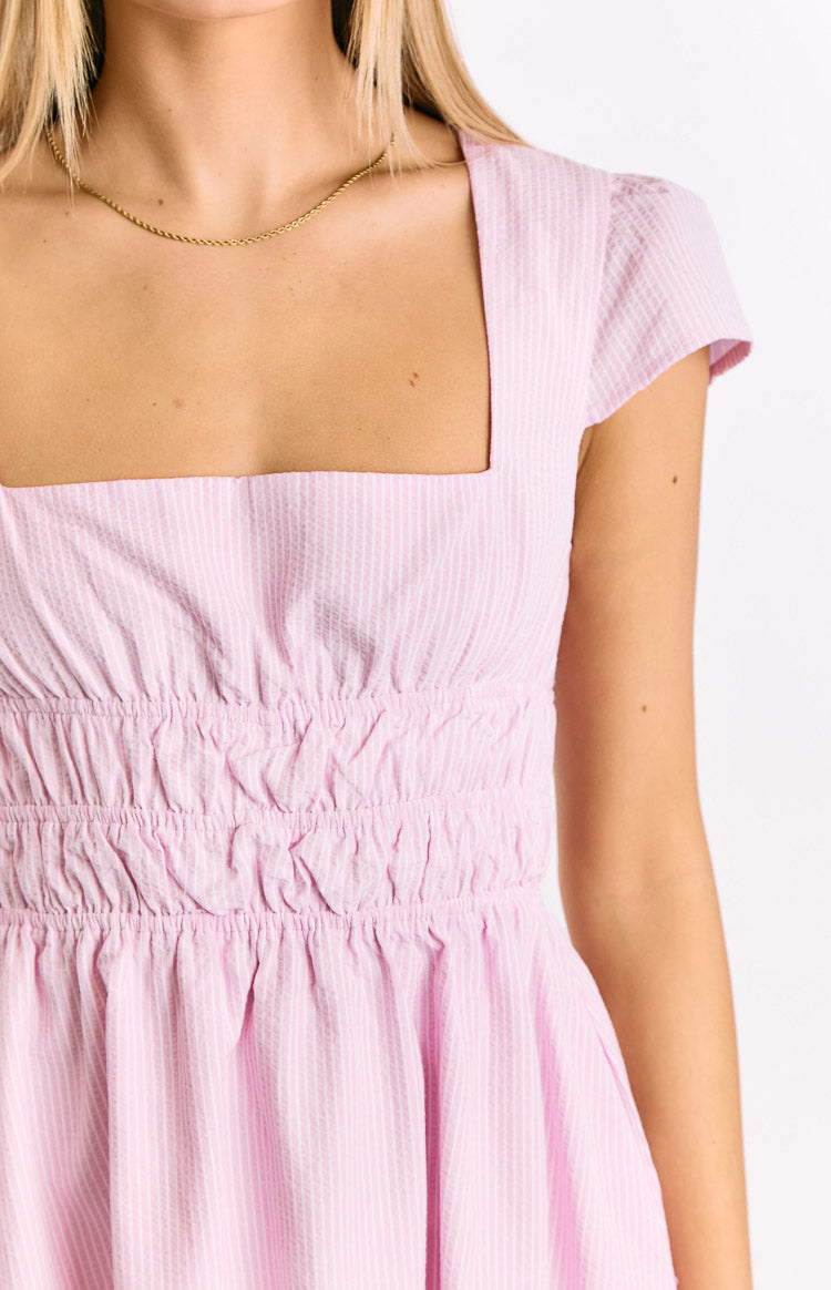 Clairo Açık Pembe Çizgili Mini Elbise