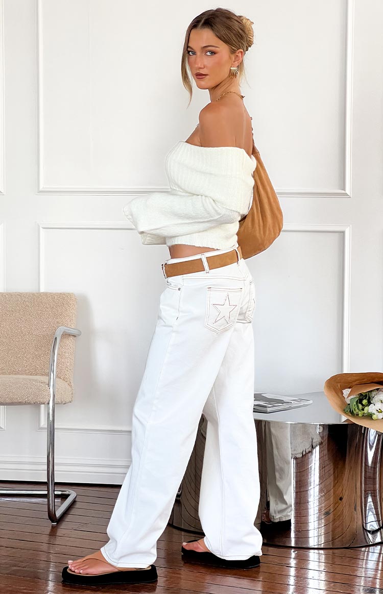 Clara Star Beyaz Denim Düşük Bel Jean