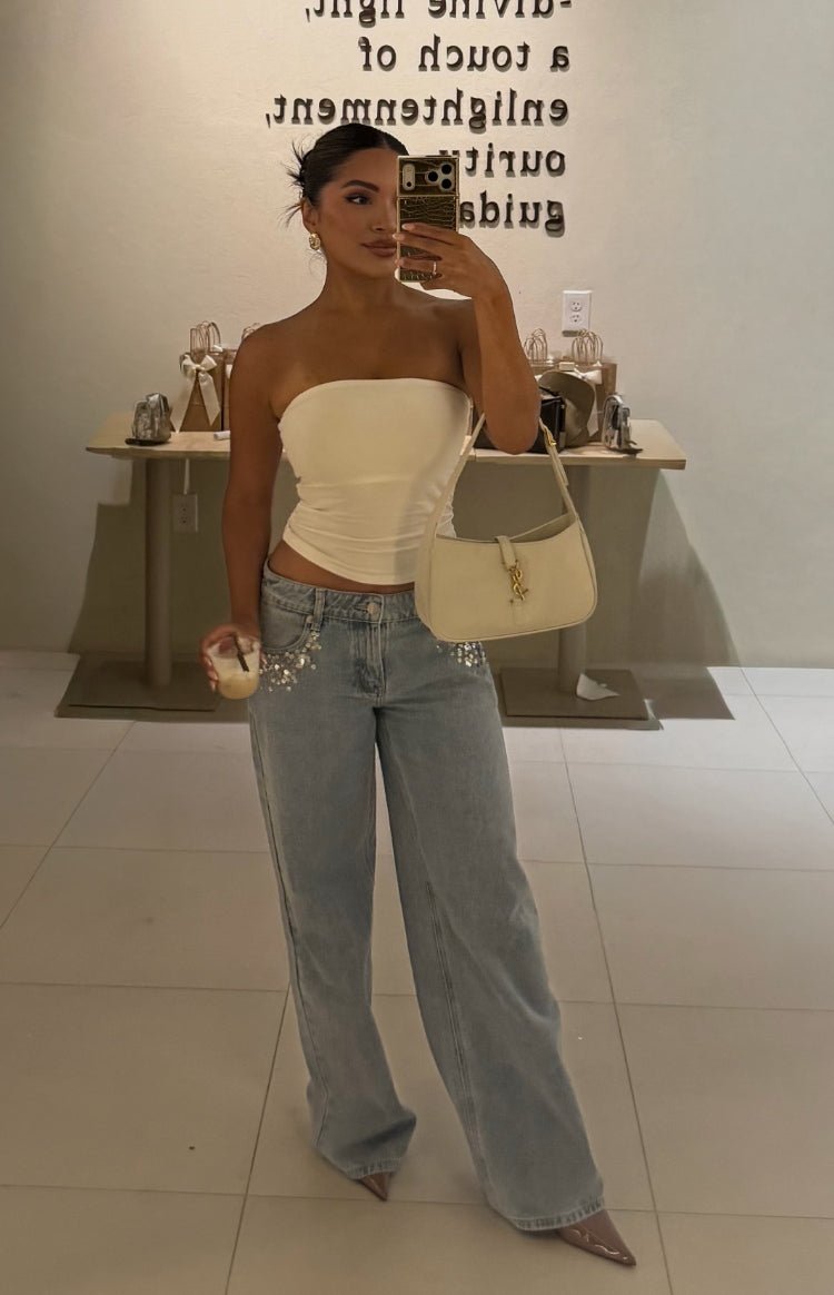 Clara Payet Detaylı Açık Mavi Düşük Bel Kot Pantolon