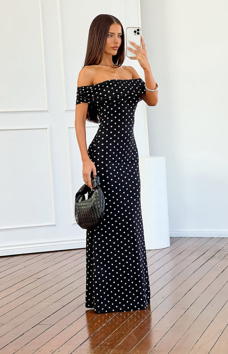 Şık Siyah Puantiye Dantel Maxi Elbise - Cole