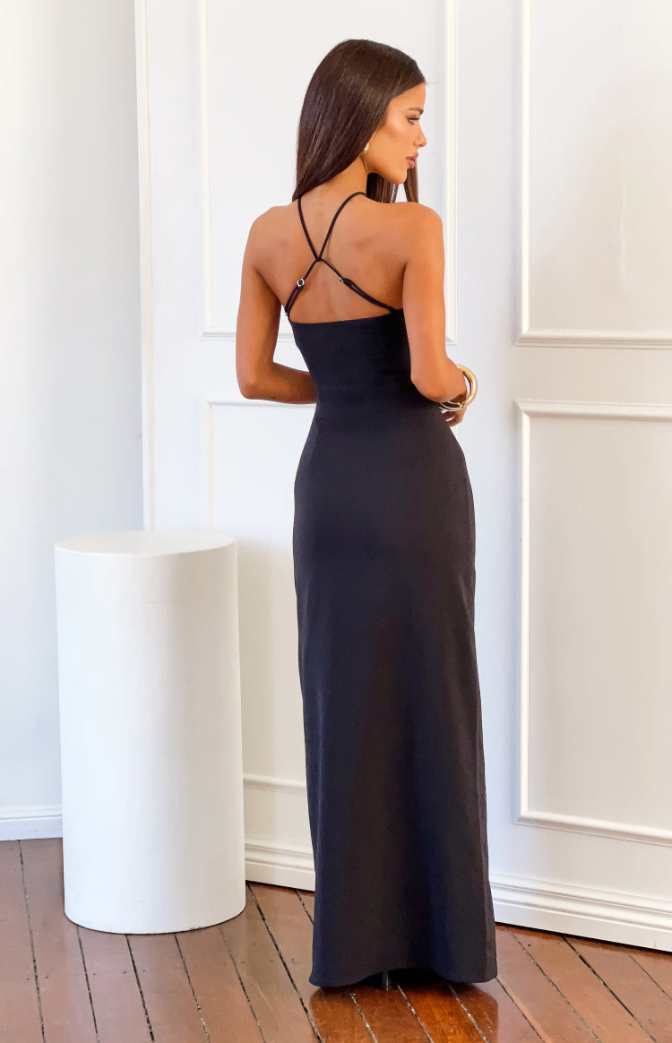 Del Mar Siyah Krep Maxi Elbise