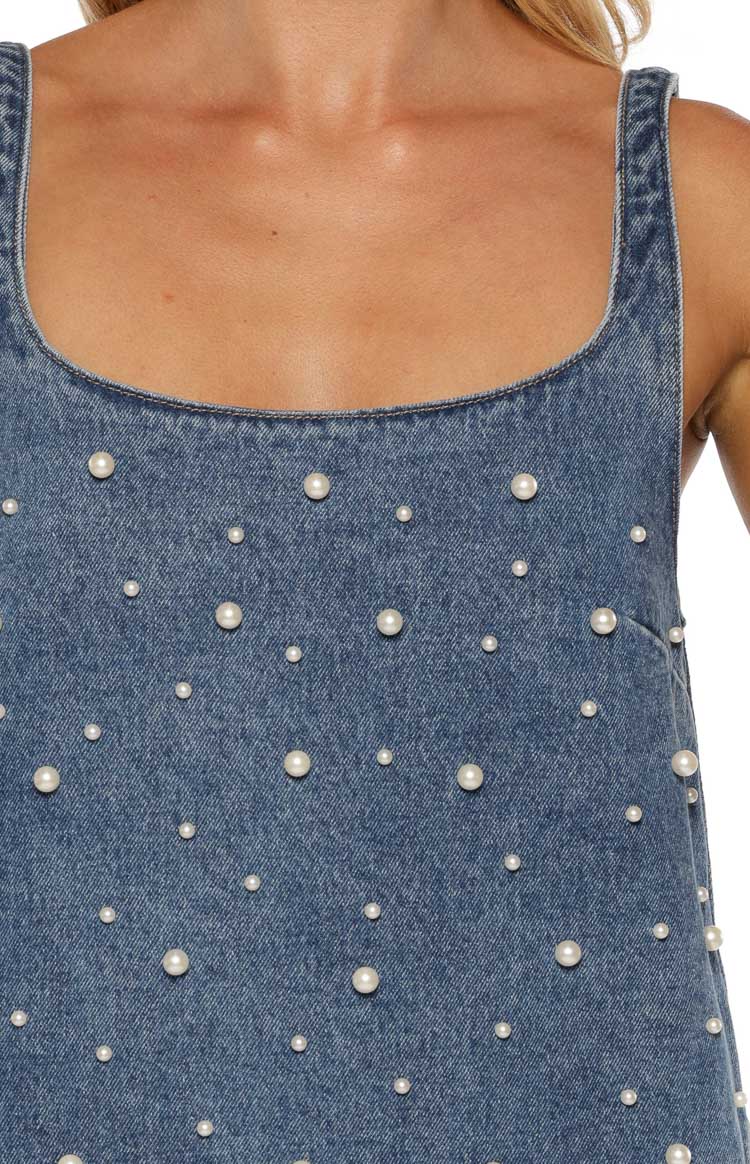 İnci Detaylı Demi Denim Mini Elbise