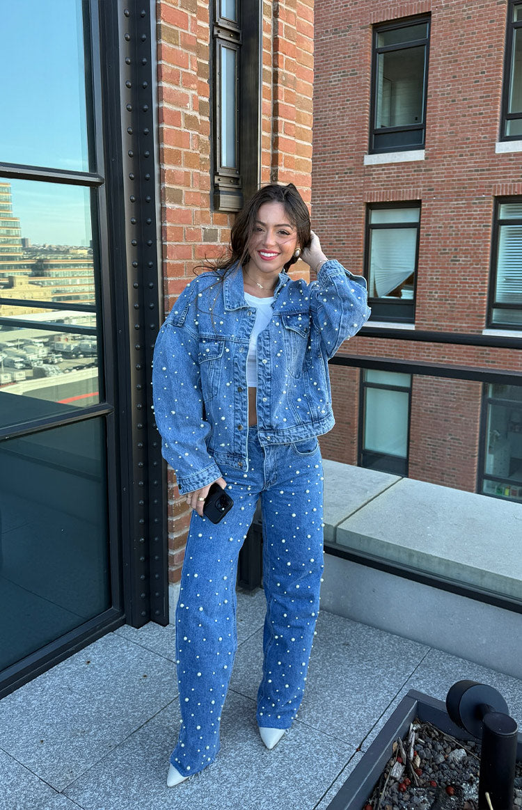 Denim Dazzle İnci Orta Yıkama Denim Ceket