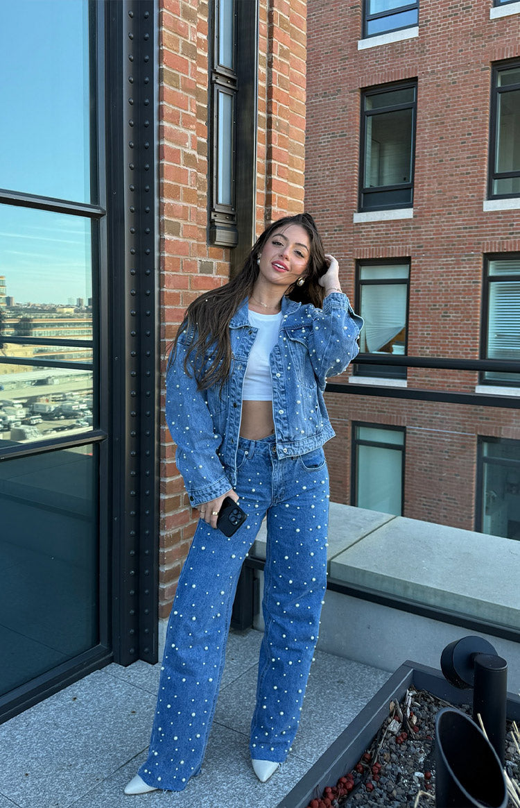 Denim Parıltı İnci Orta Yıkama Yüksek Bel Jean