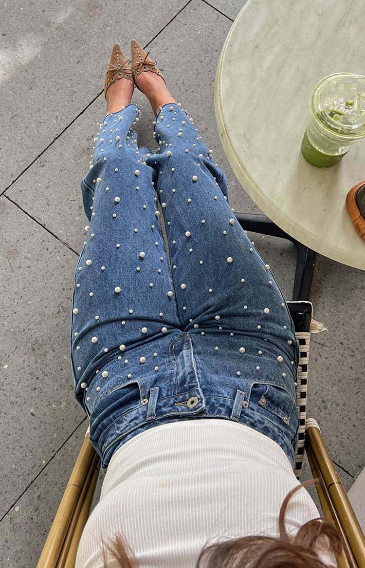 Denim Parıltı İnci Orta Yıkama Yüksek Bel Jean