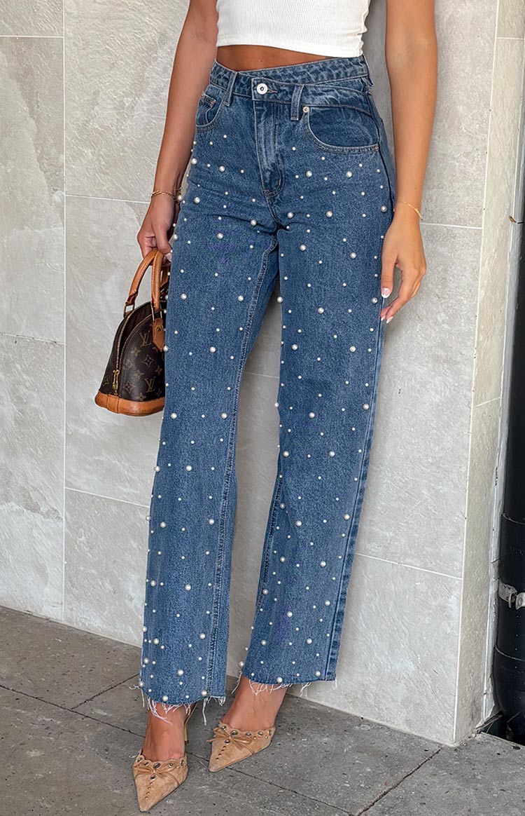 Denim Parıltı İnci Orta Yıkama Yüksek Bel Jean