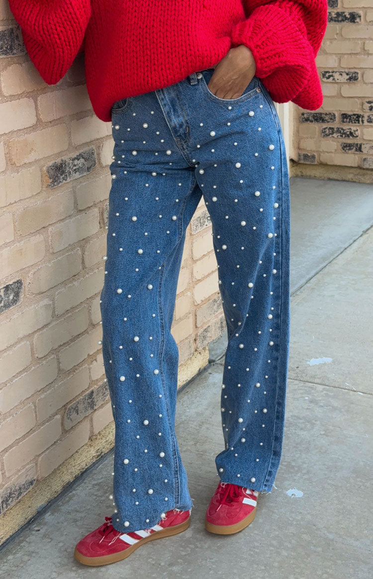 Denim Parıltı İnci Orta Yıkama Yüksek Bel Jean