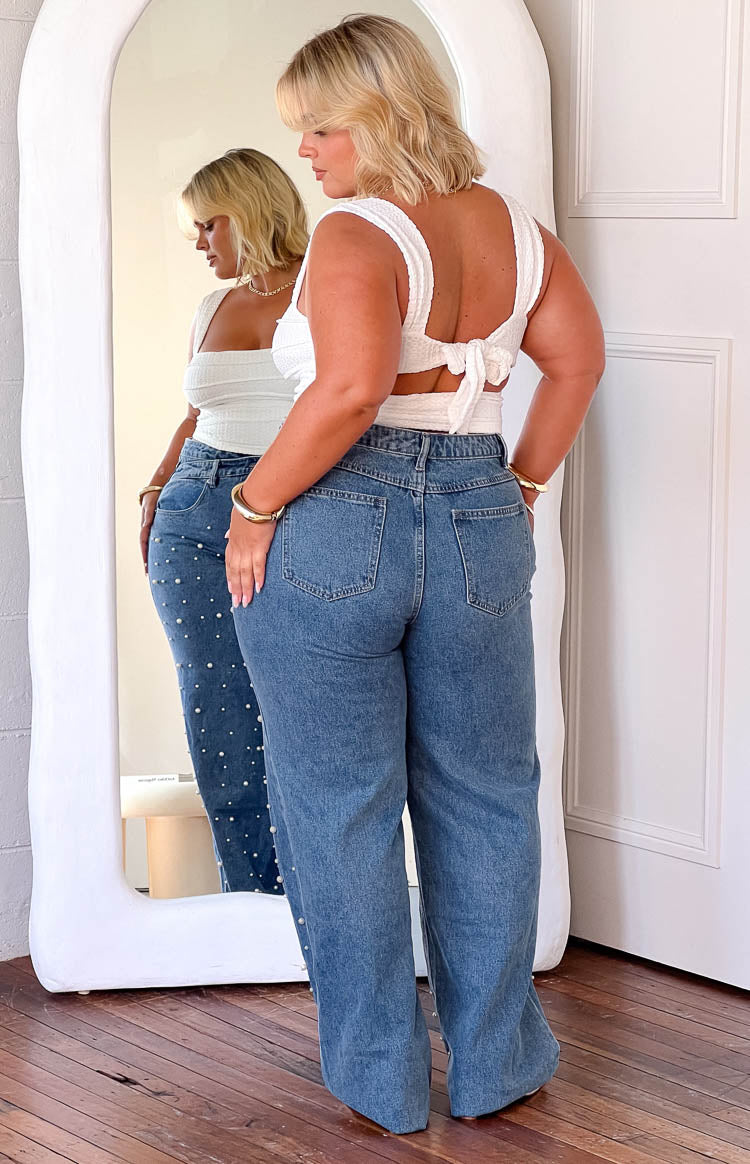 Denim Parıltı İnci Orta Yıkama Yüksek Bel Jean
