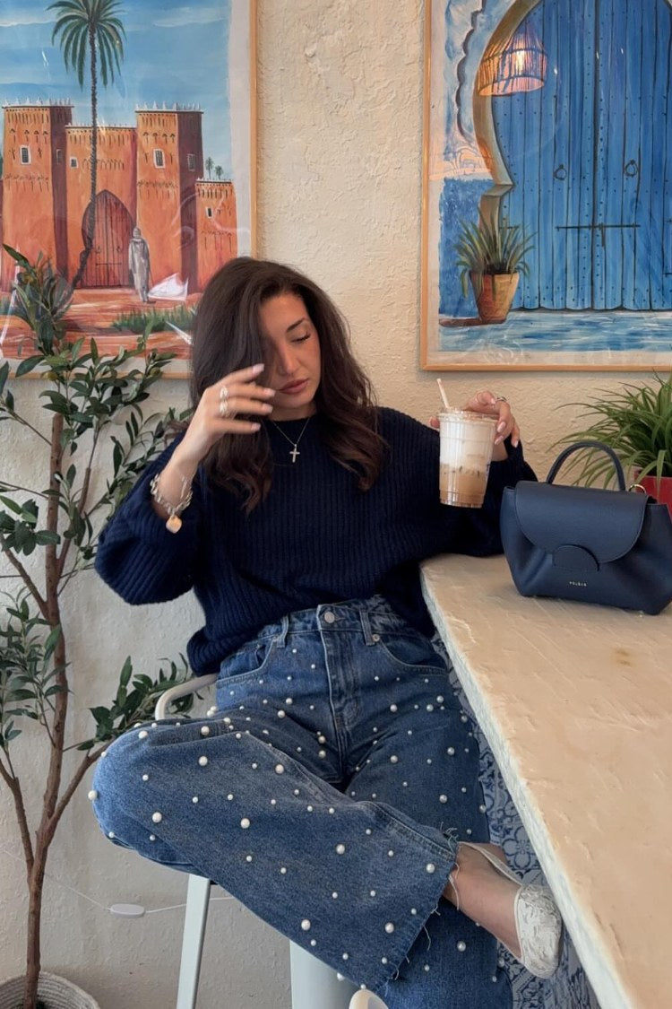Denim Parıltı İnci Orta Yıkama Yüksek Bel Jean