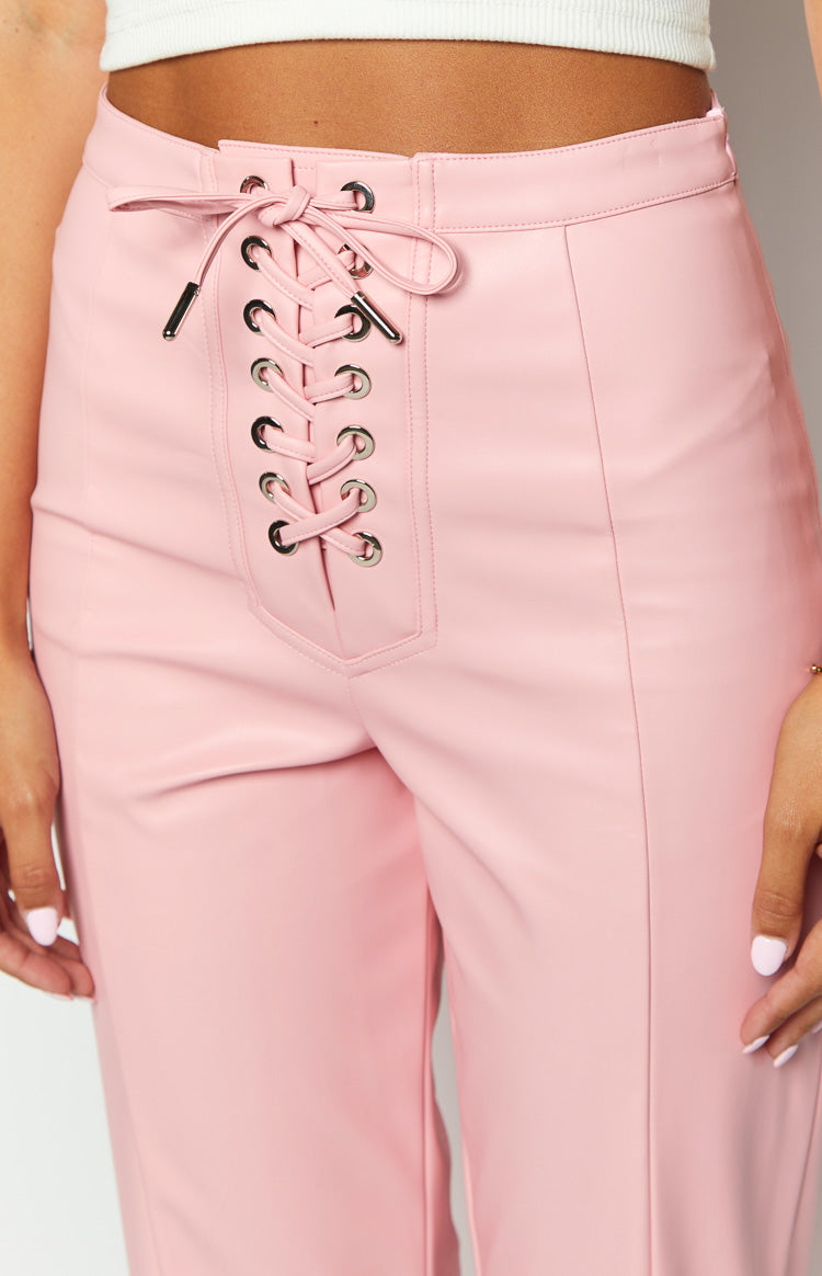 Premium Yükseltilmiş Pembe PU Deri Pantolon