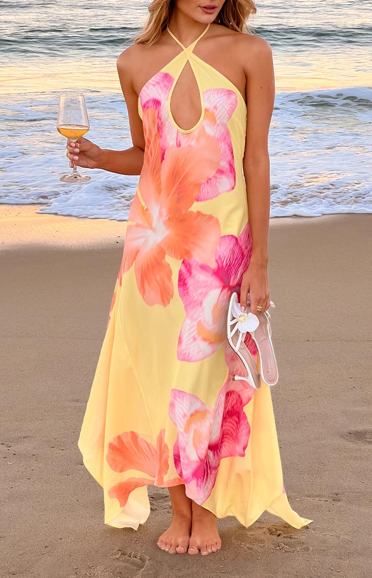 Sarı Hibiskus Desenli Halter Maxi Elbise - Elowen