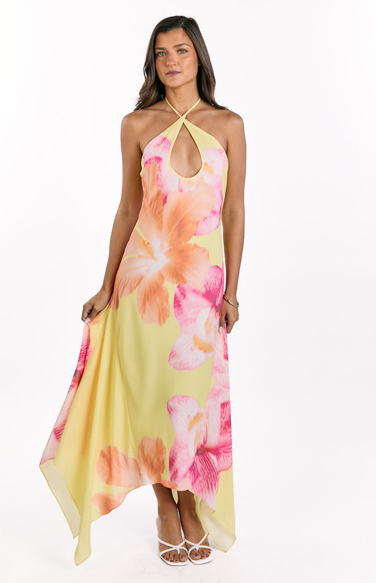 Sarı Hibiskus Desenli Halter Maxi Elbise - Elowen