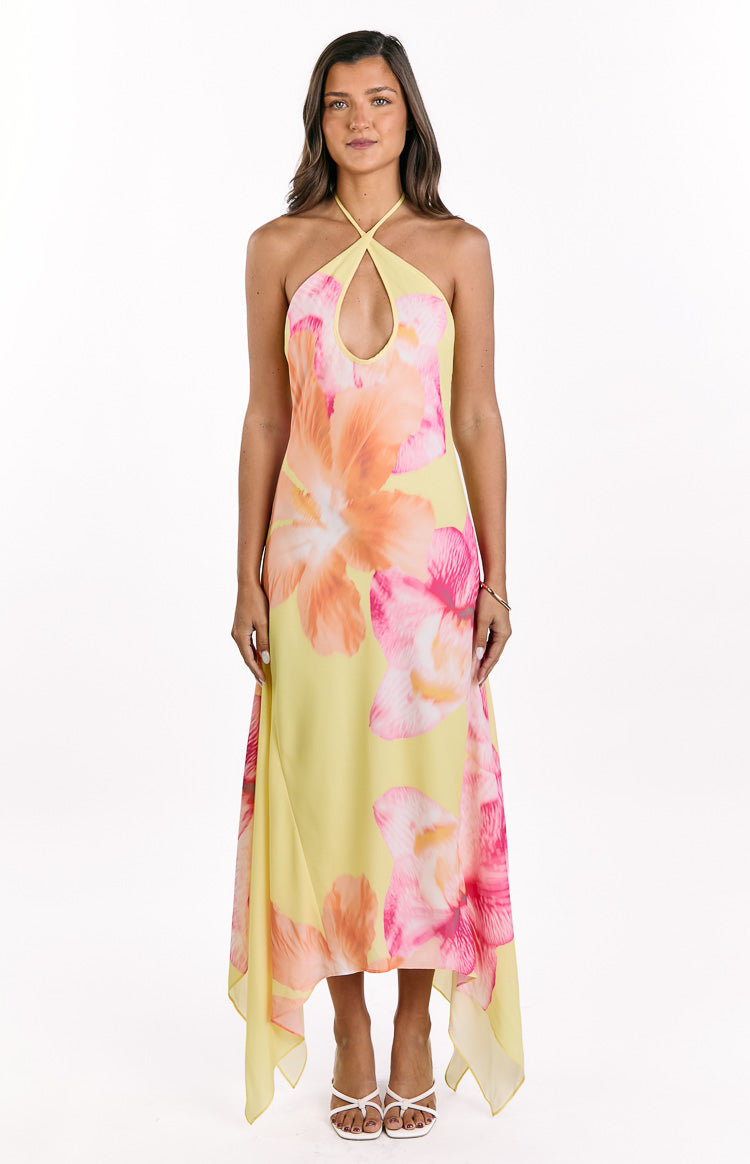 Sarı Hibiskus Desenli Halter Maxi Elbise - Elowen