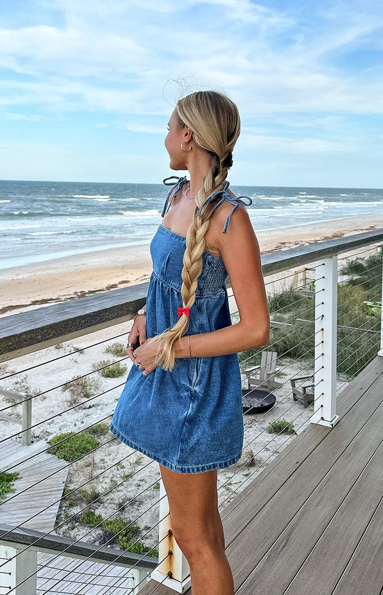 Ethel Mavi Denim Bağlamalı Askılı Mini Elbise