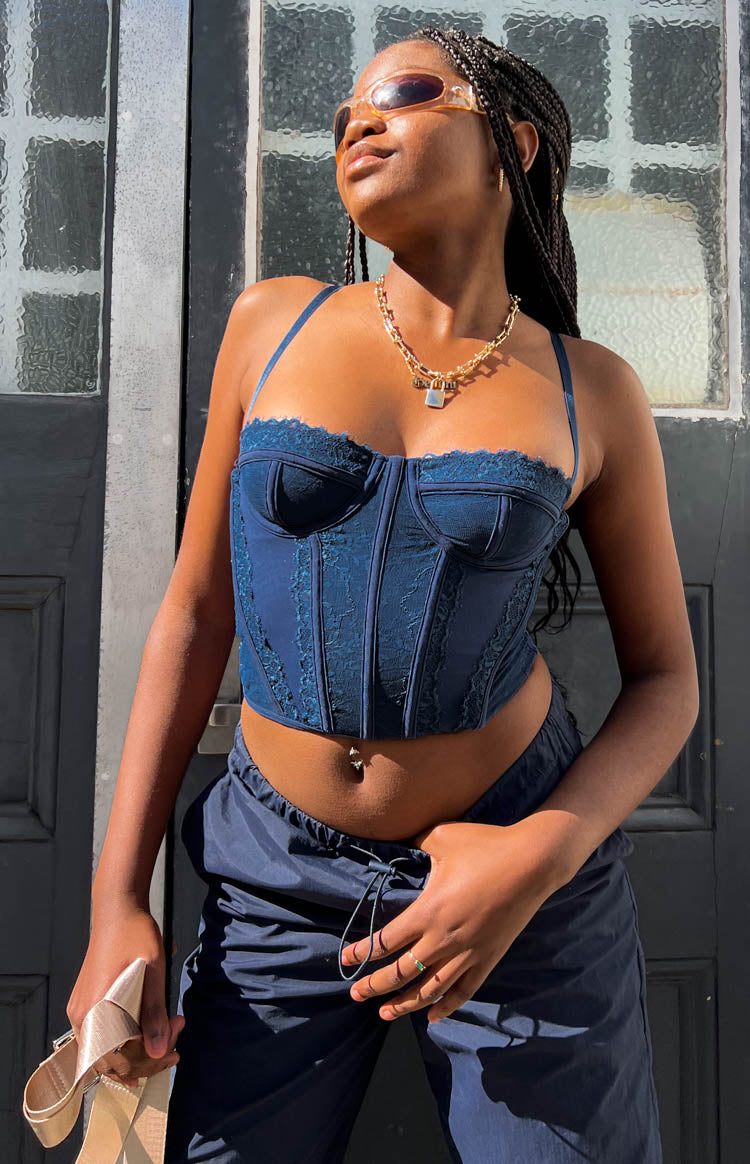 Evangeline Mavi Dantel Korse Bluz