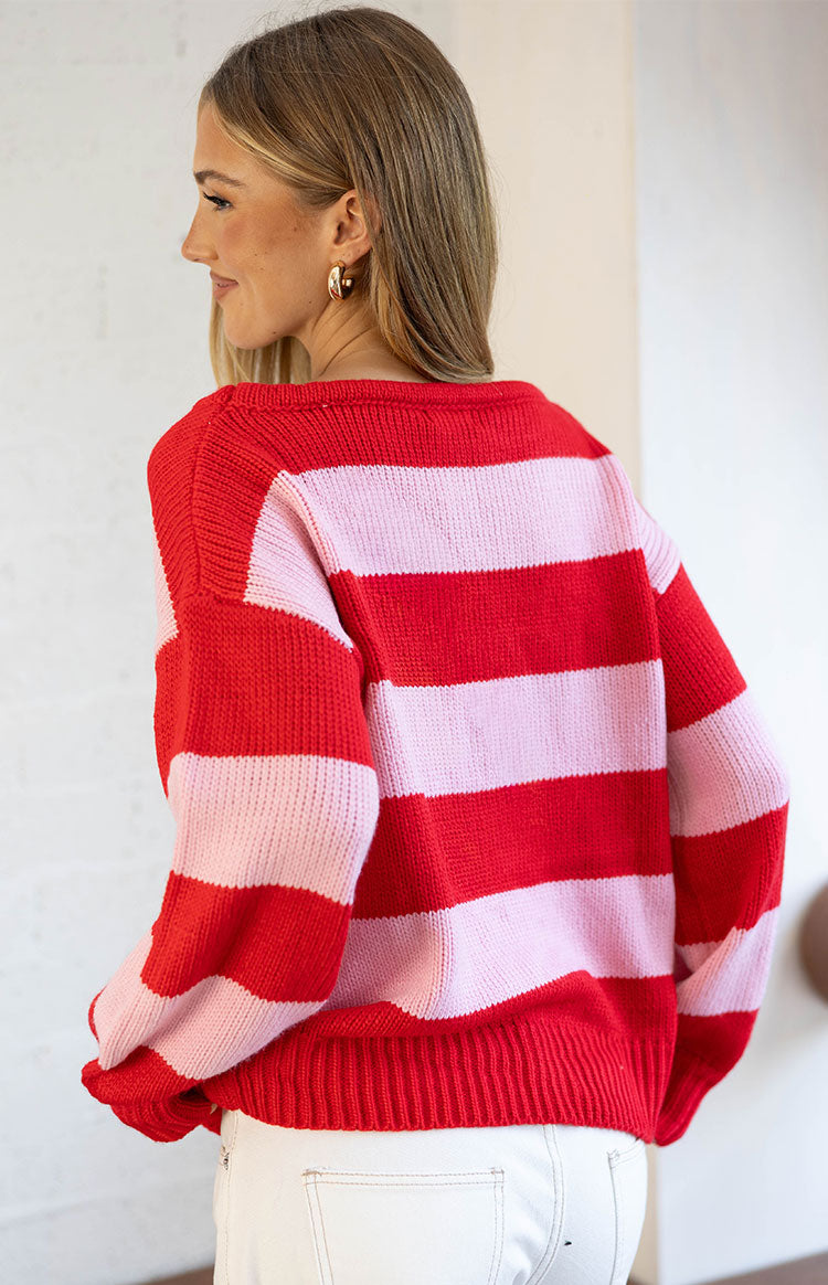 Finley Kırmızı-Pembe Çizgili Off Shoulder Triko Kazak