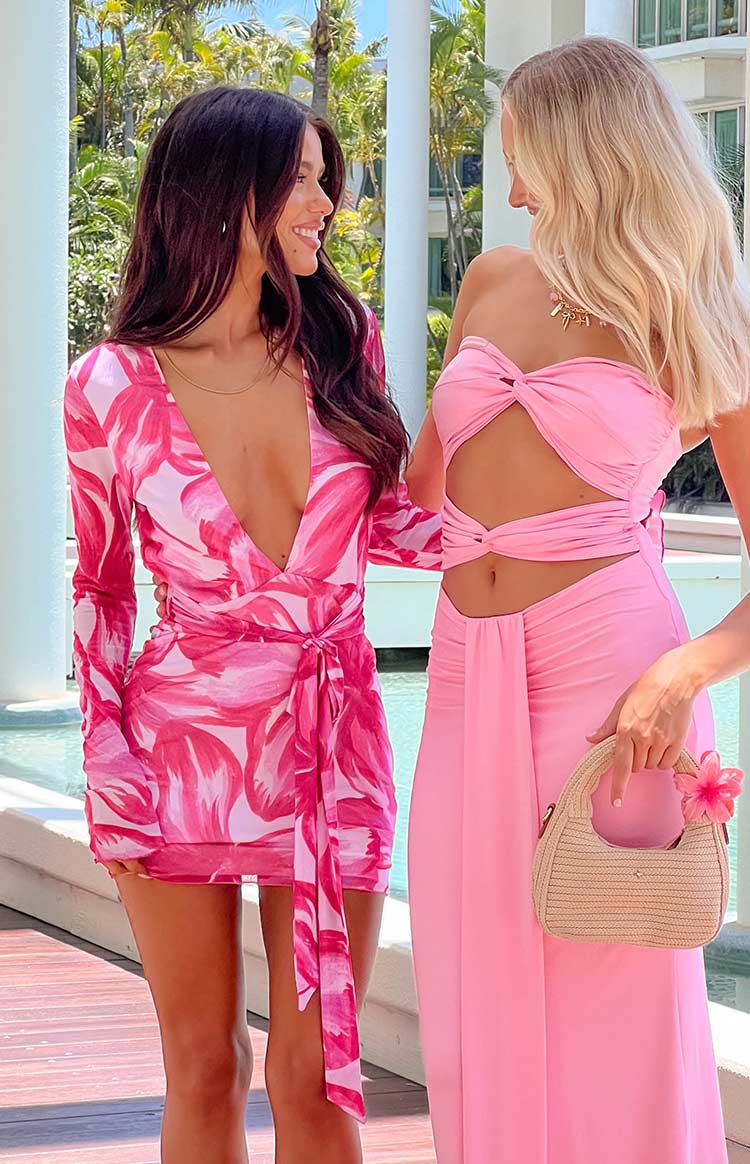 Florenta Pembe Çiçek Desenli Mini Elbise